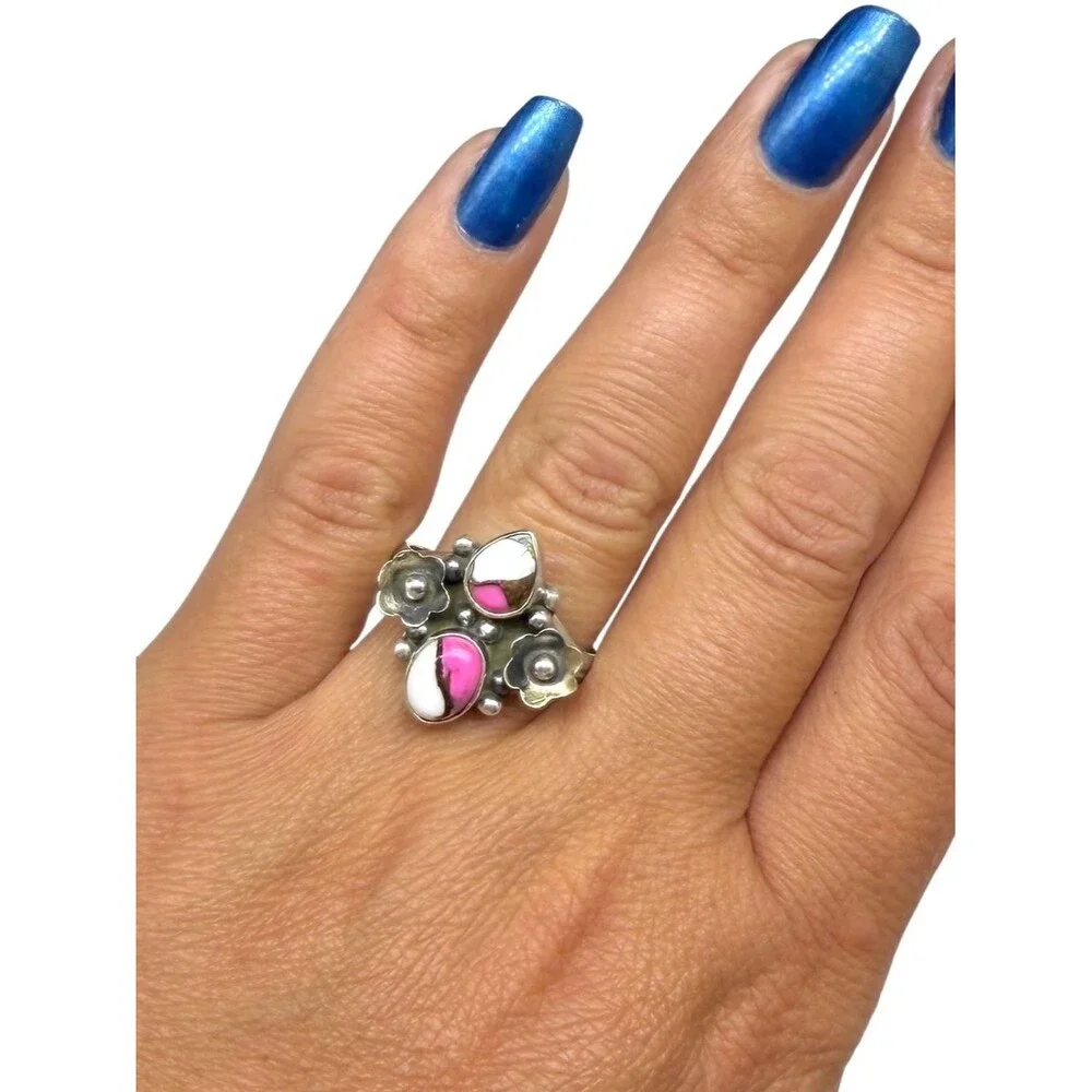 Cotton Candy Kingman Turquoise Flower Ring Size 10 Solid 925 Sterling Silver